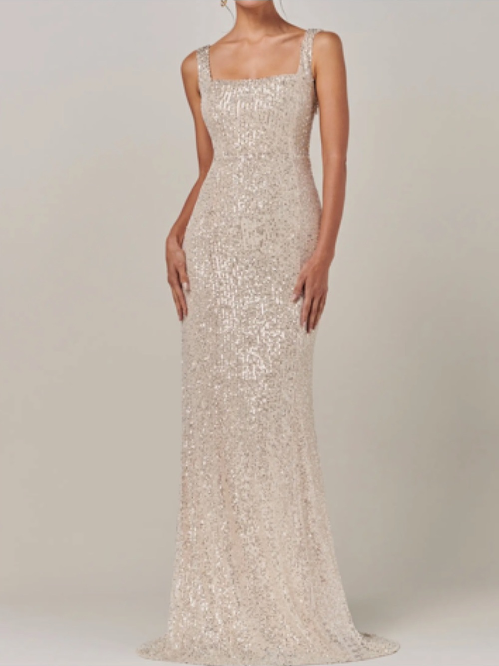 Extraordinary Sequin Square-Neck Evening Gown in Champagne White - Size 9